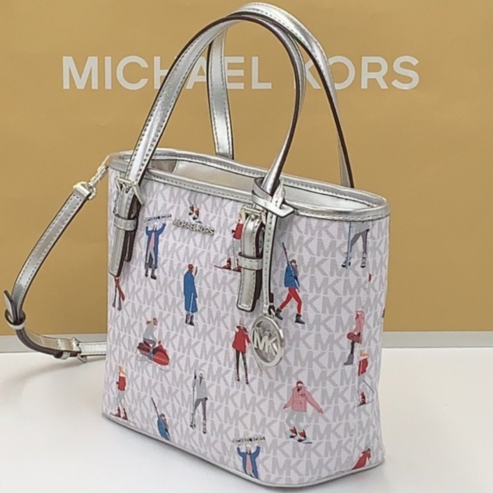 Michael Kors Jet Set Girls Print White Signature XS Carryall Top Zip Tote - Picture 6 of 16